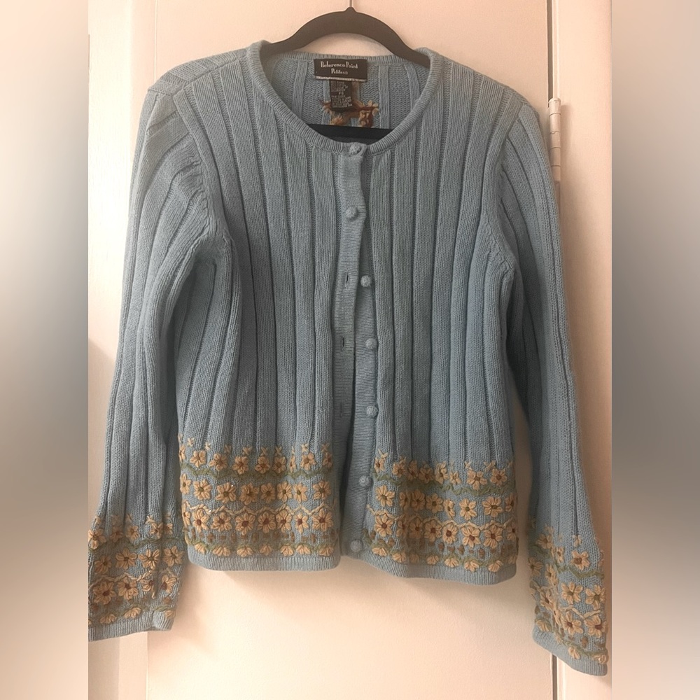 Reference point Petites PS long sleeve blue button up sweater w/ embroidery